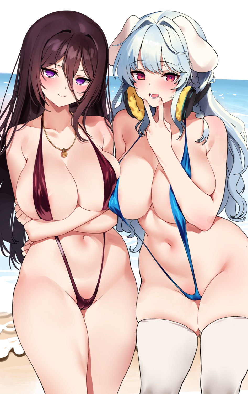 animal_ears areola breast_hold cameltoe headphones inumimi maplestory ndgd sling_bikini swimsuits thighhighs tuting