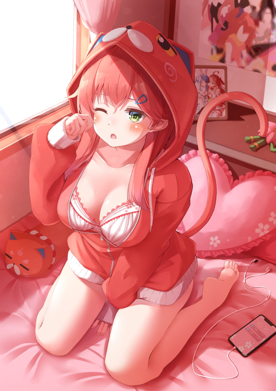 bra cleavage hololive nyan_(reinyan_007) open_shirt pajama sakura_miko tail