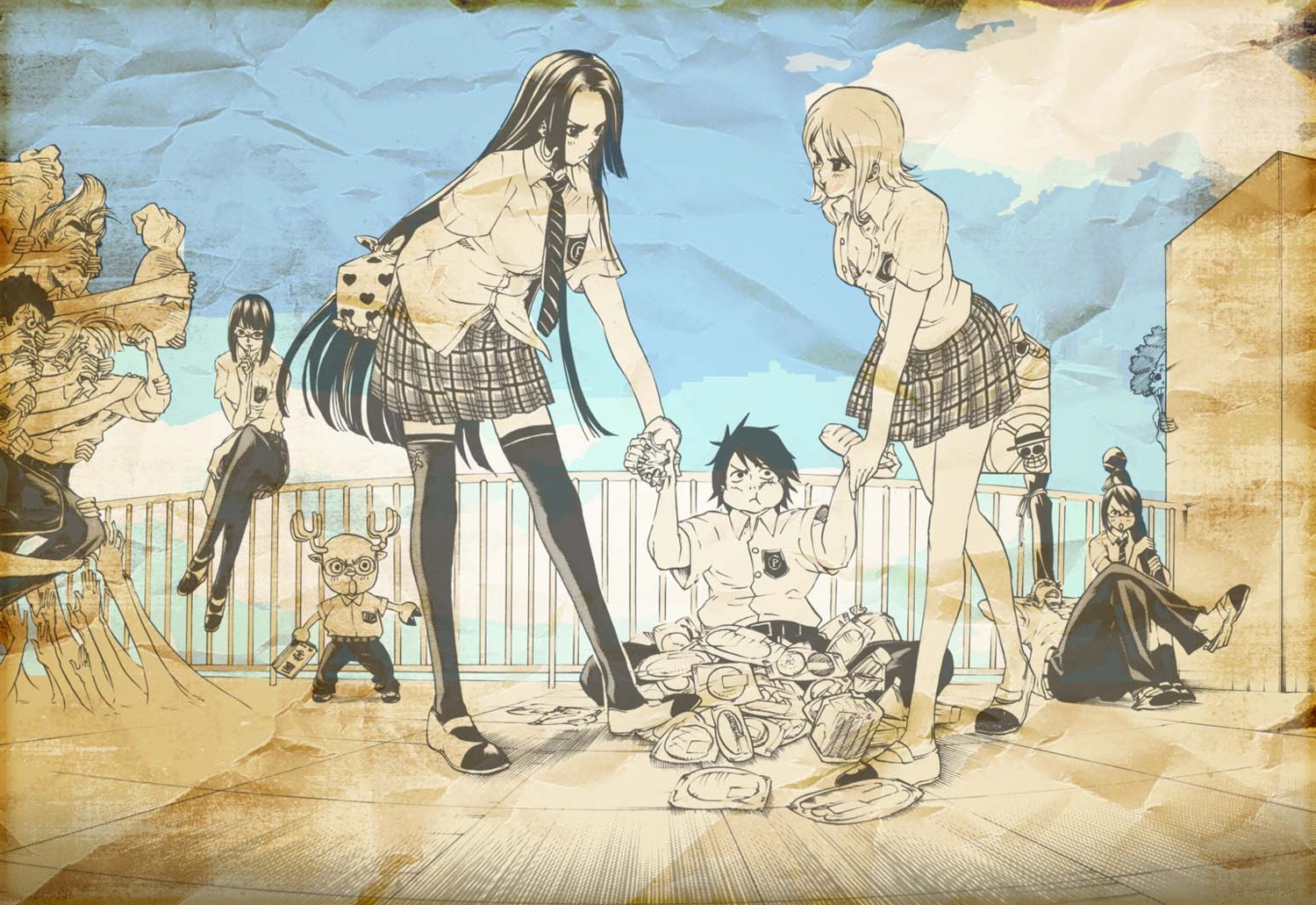 boa_hancock bra brook franky monkey_d_luffy nami nico_robin one_piece open_shirt roronoa_zoro sagatsune seifuku tashigi thighhighs tony_tony_chopper usopp vinsmoke_sanji