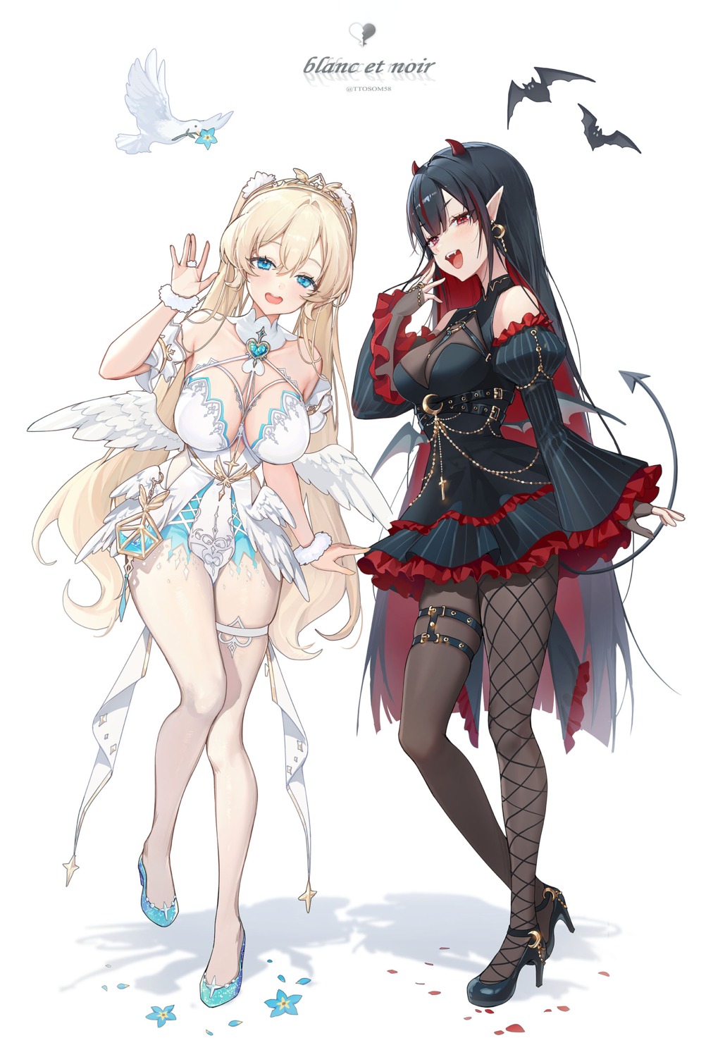 devil fishnets garter heels horns no_bra pantyhose pointy_ears see_through tail ttosom wings