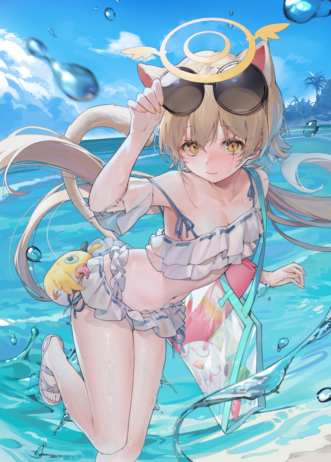 ajitani_hifumi animal_ears bikini blue_archive halo megane nekomimi see_through skirt_lift swimsuits tail wet yuqian_dai_dao_de_tuz