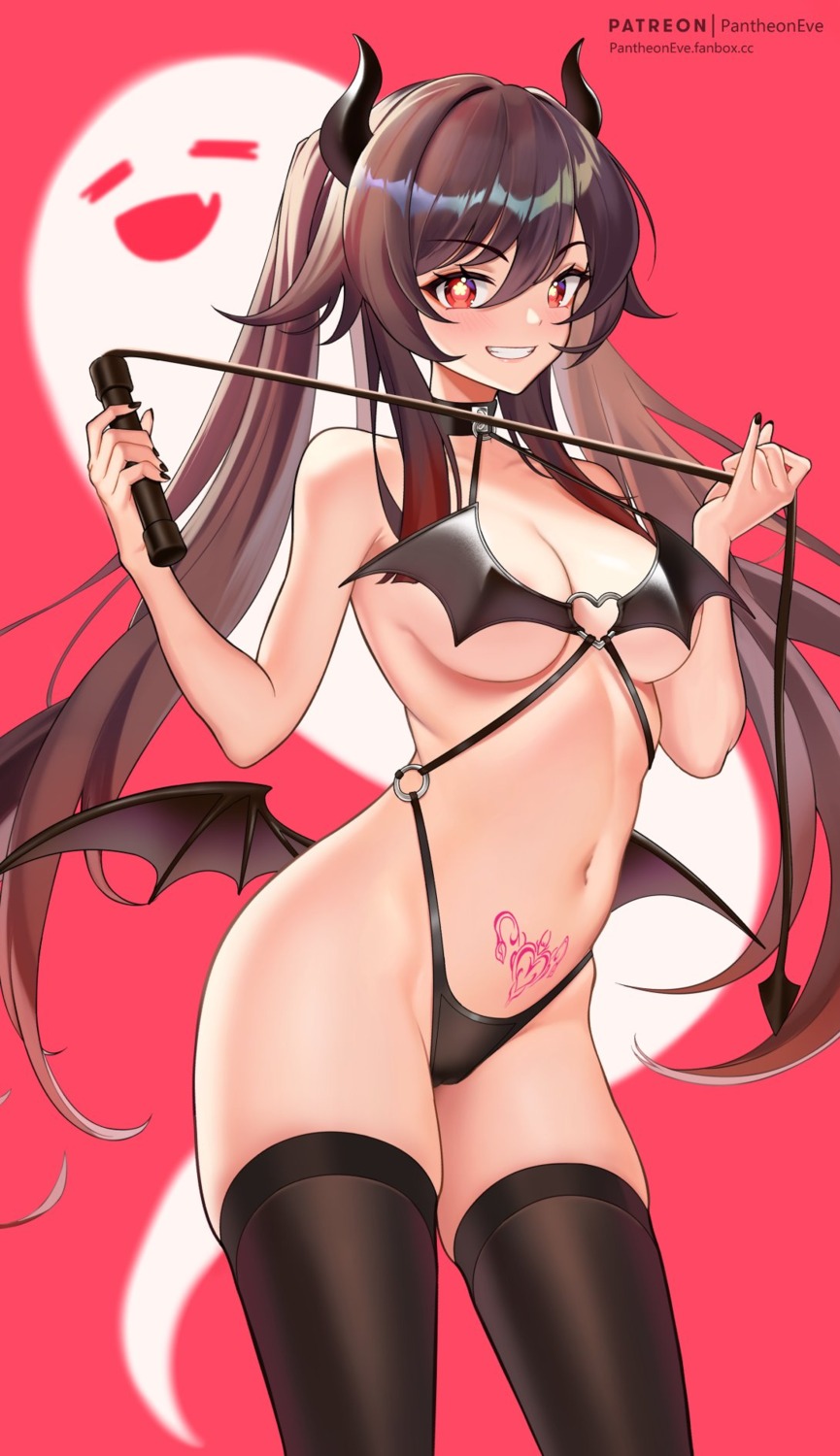 genshin_impact horns hu_tao pantheon_eve swimsuits tattoo thighhighs weapon wings