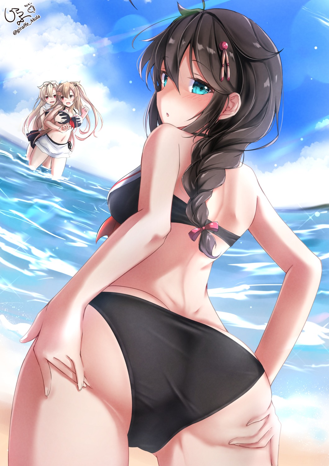 ass ass_grab bikini breast_grab cameltoe giraffe_(ilconte) heterochromia kantai_collection murasame_(kancolle) shigure_(kancolle) swimsuits wet yuri yuudachi_(kancolle)