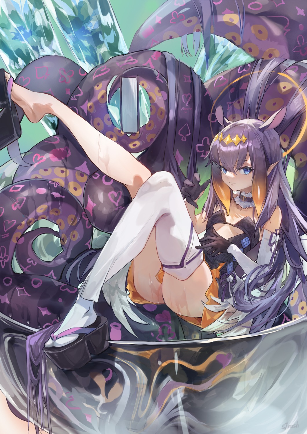 angel dress garter hololive hololive_english ninomae_ina'nis no_bra pointy_ears skirt_lift small_garbage tentacles thighhighs wet wings