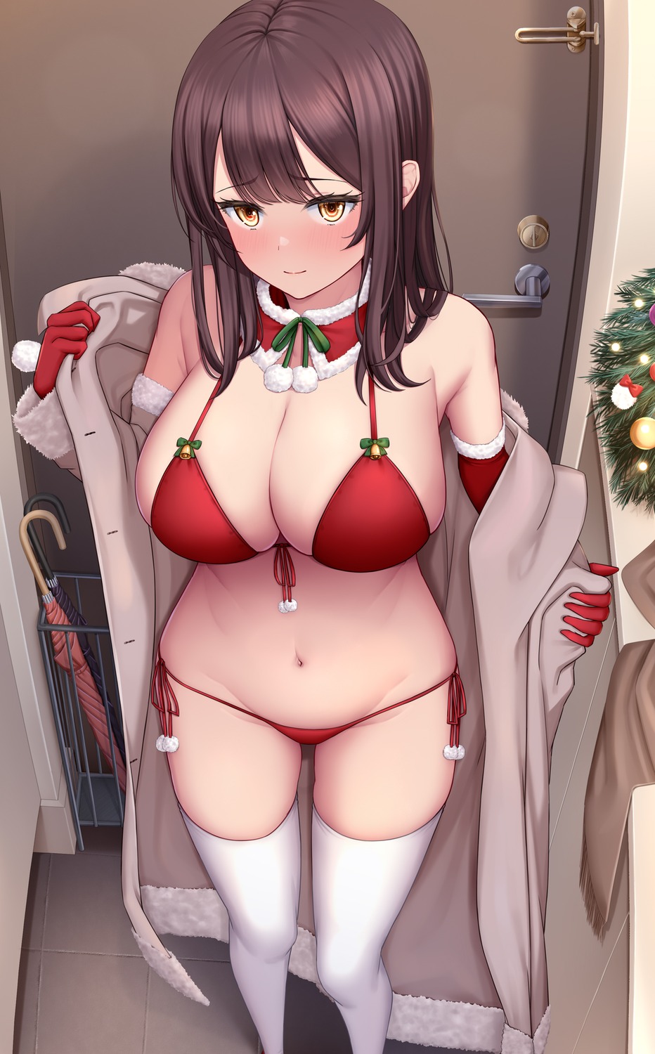 bikini christmas melopun open_shirt swimsuits thighhighs undressing