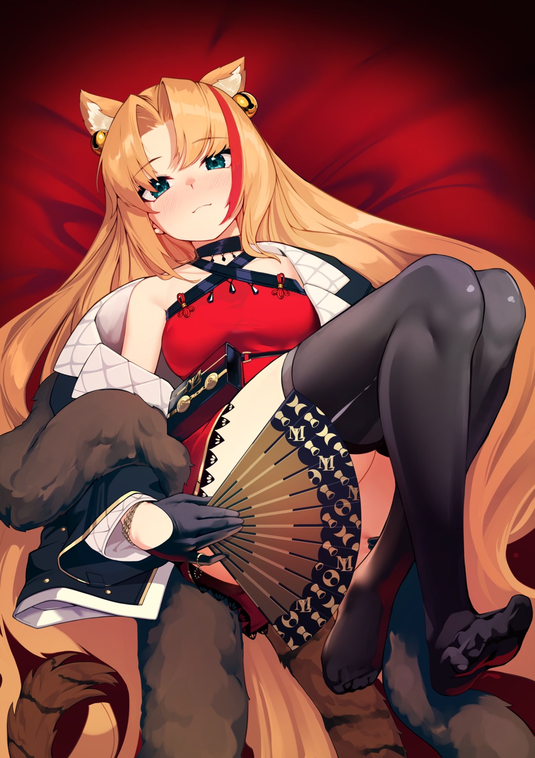 animal_ears arknights asian_clothes ett feet skirt_lift swire_(arknights) tail thighhighs