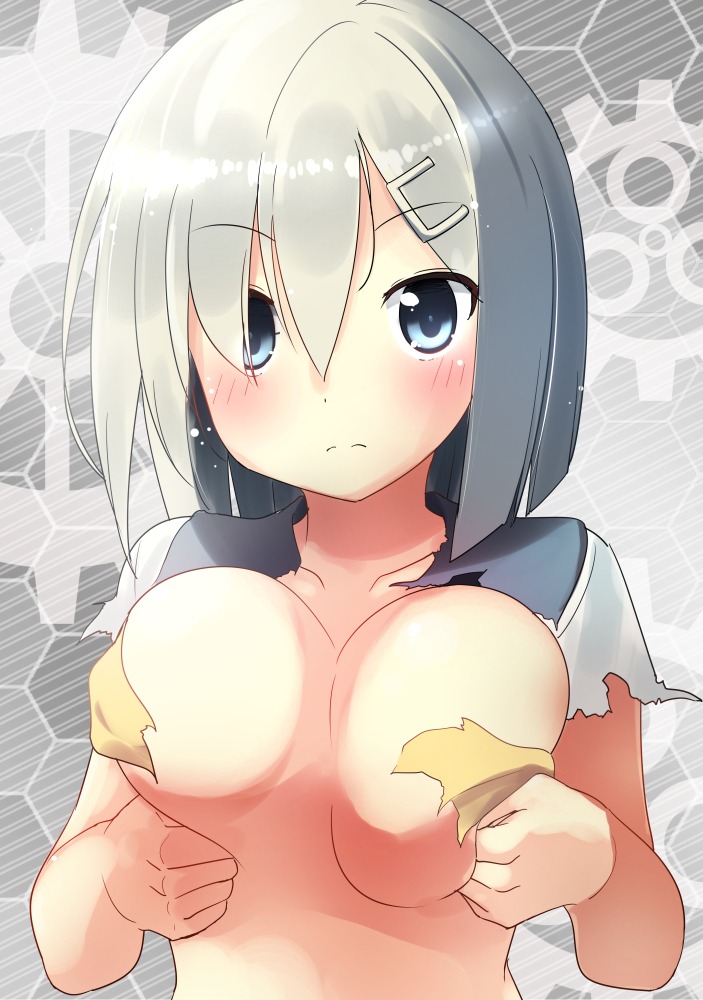 bell_(satappe) breast_hold hamakaze_(kancolle) kantai_collection no_bra torn_clothes