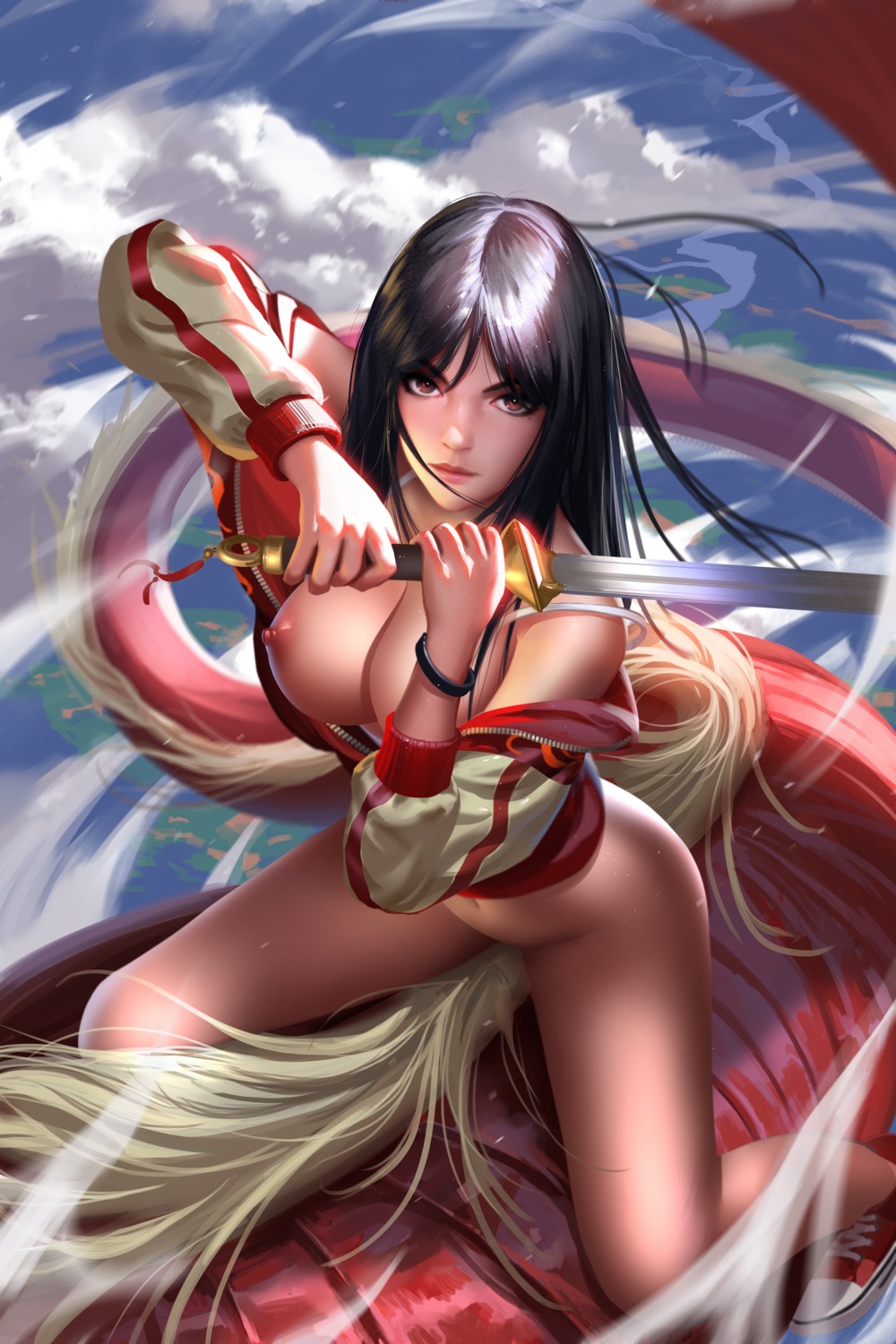 bottomless breasts liang_xing monster mulan nipples no_bra open_shirt sword