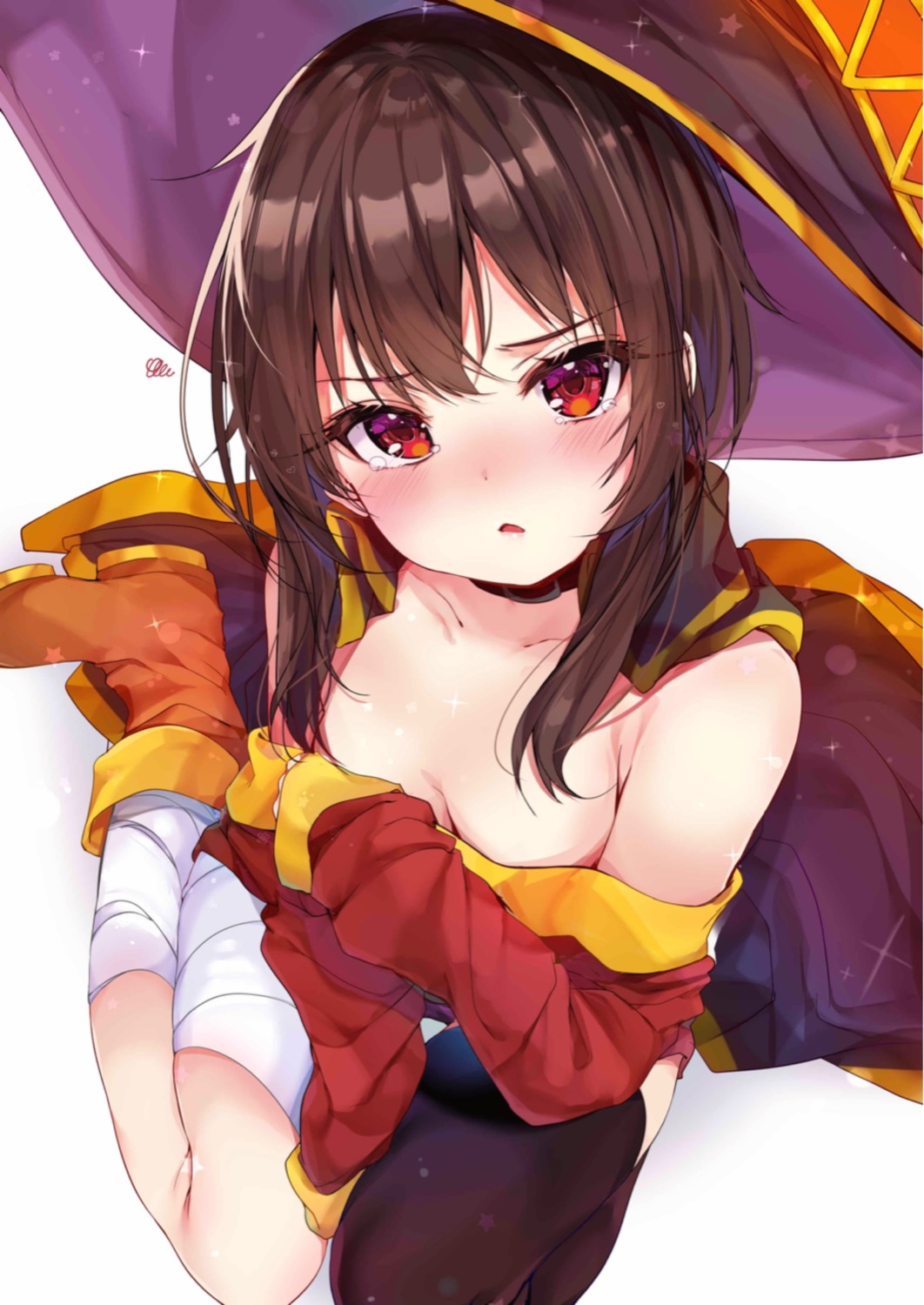 bandages breast_hold dress kono_subarashii_sekai_ni_shukufuku_wo! megumin no_bra rouka thighhighs witch