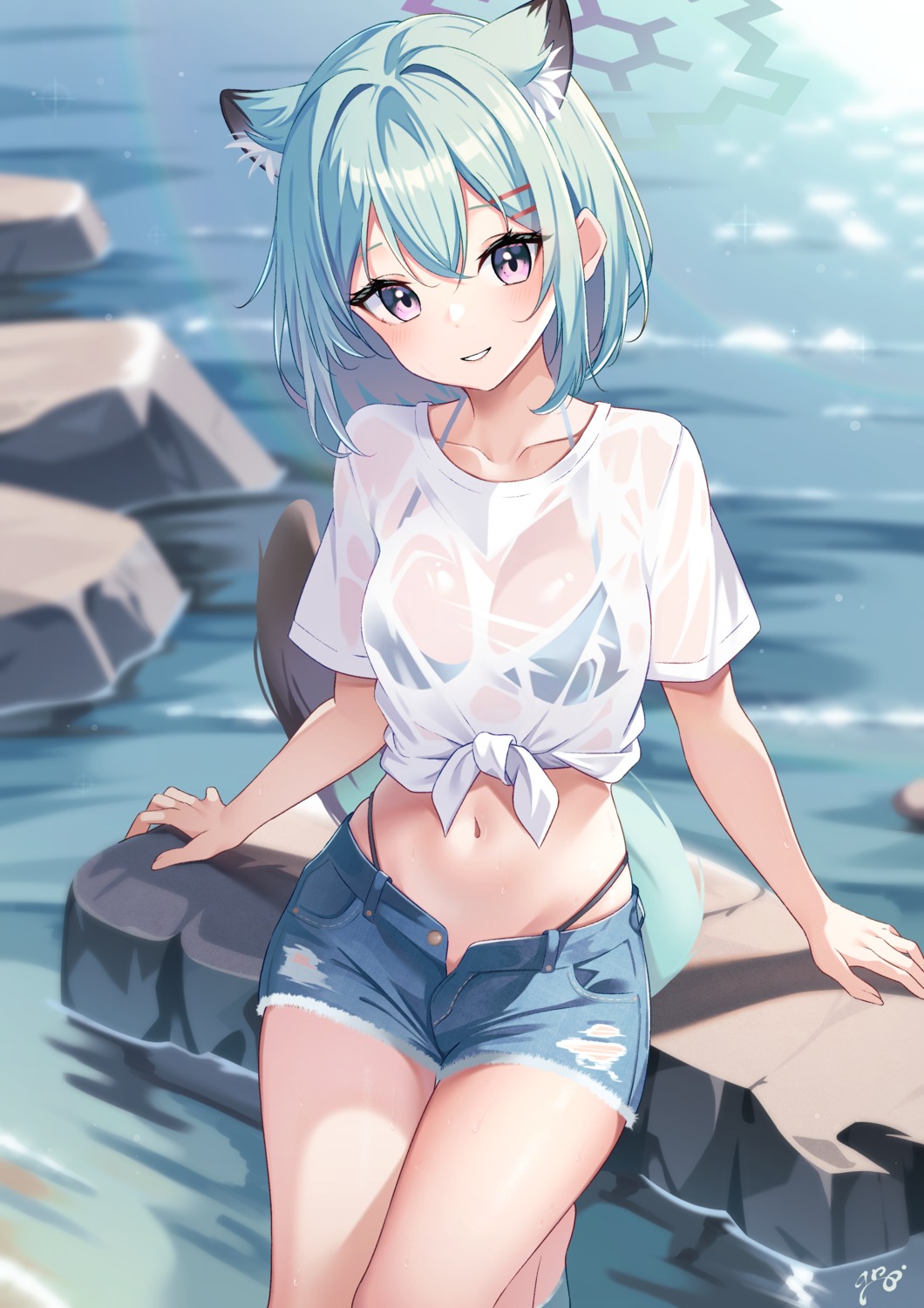 animal_ears bikini blue_archive guri_(gri1211) halo mayoi_shigure see_through swimsuits tail torn_clothes wet wet_clothes