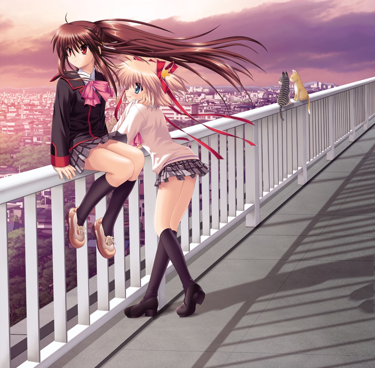 hinoue_itaru kamikita_komari key landscape little_busters! na-ga natsume_rin neko seifuku skirt_lift sweater