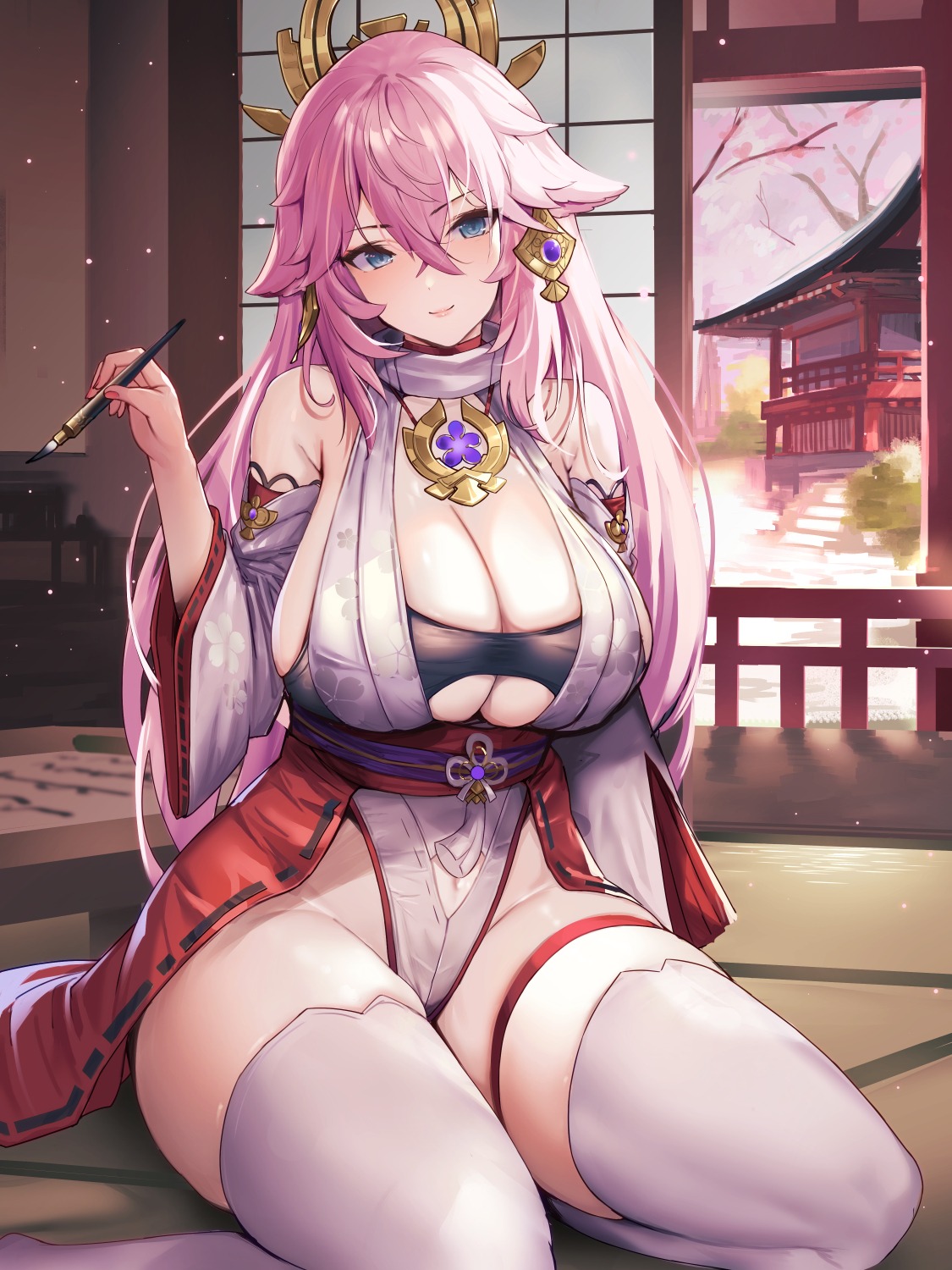 animal_ears garter genshin_impact japanese_clothes kitsune matsumoto_mitsuaki no_bra thighhighs yae_miko