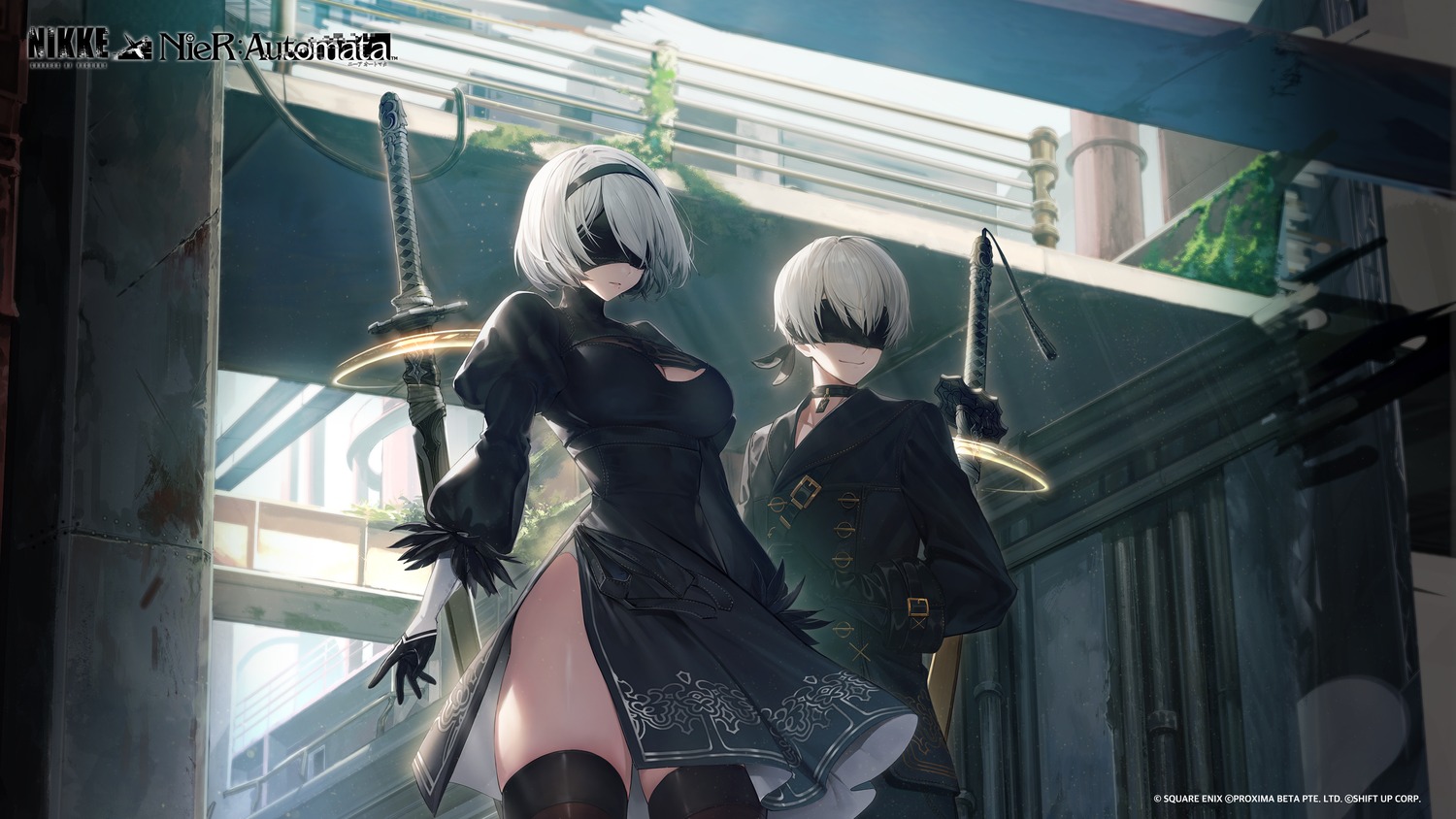dress nier_automata nikke_the_goddess_of_victory official_watermark shift_up skirt_lift square_enix sword thighhighs wallpaper yorha_no.2_type_b yorha_no._9_type_s