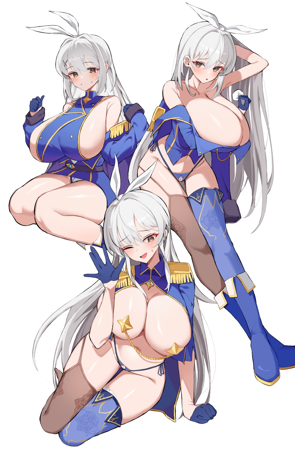 birth's_character breast_hold breasts chozgum dungeon_fighter no_bra open_shirt pantsu pasties skirt_lift stockings string_panties thighhighs uniform