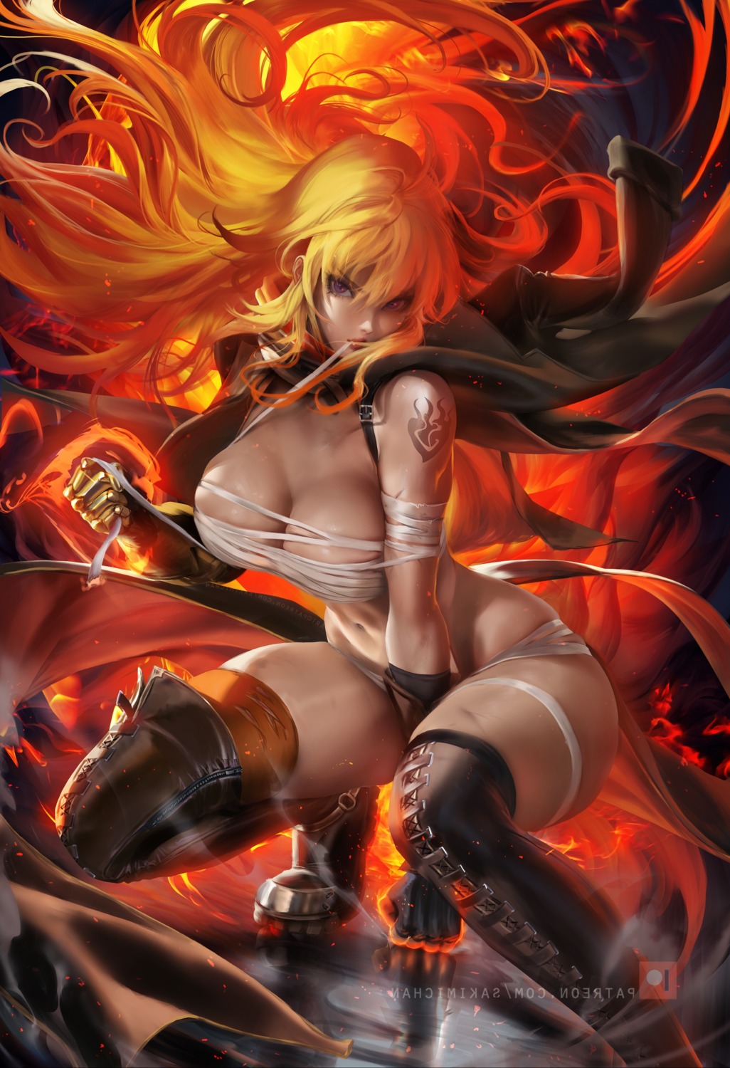 armor bandages mecha_musume naked_cape naked_ribbon rwby sakimichan tattoo thighhighs yang_xiao_long