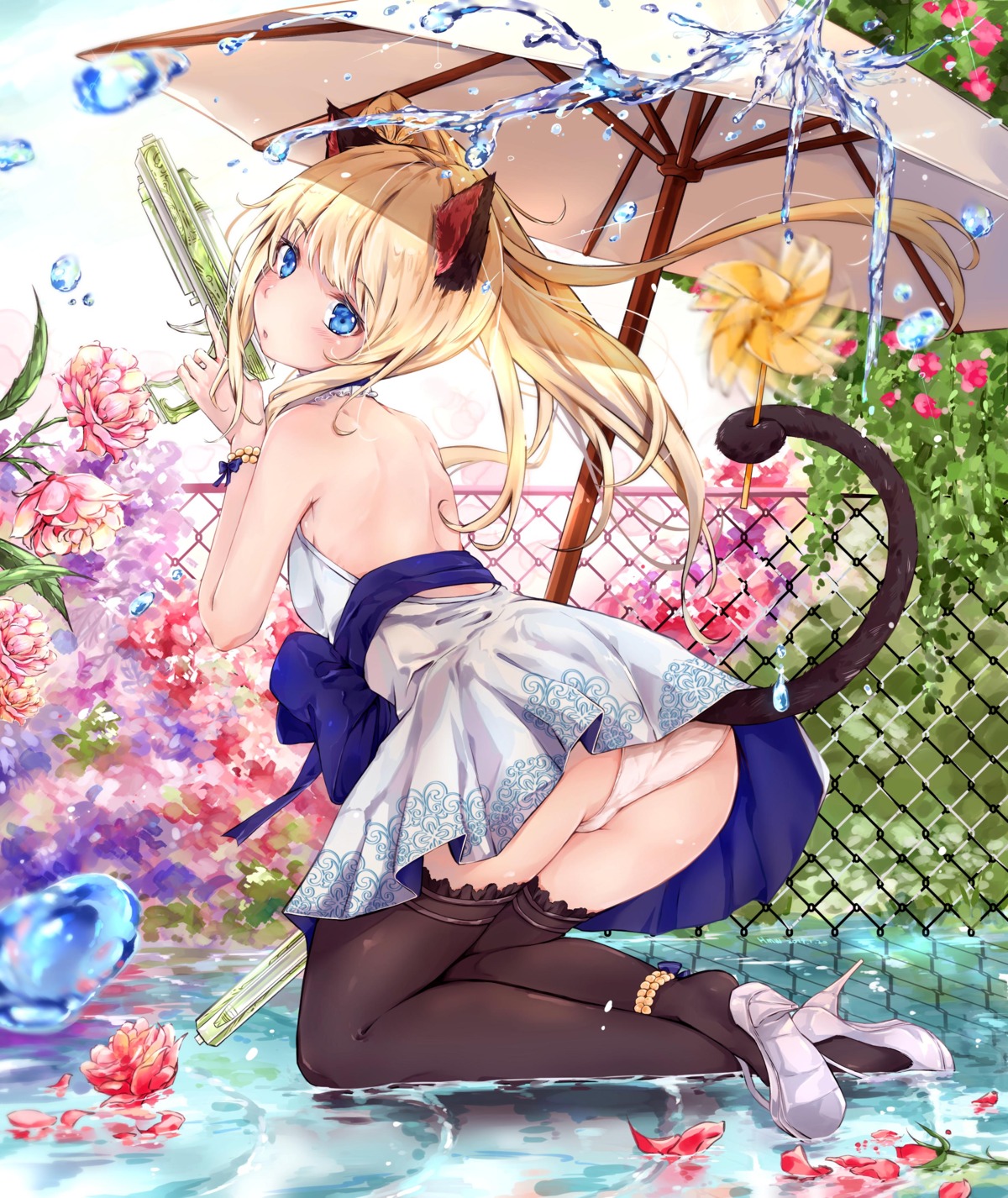 animal_ears ass blade_&_soul dema_hmw dress gun heels nekomimi pantsu see_through skirt_lift tail thighhighs wet