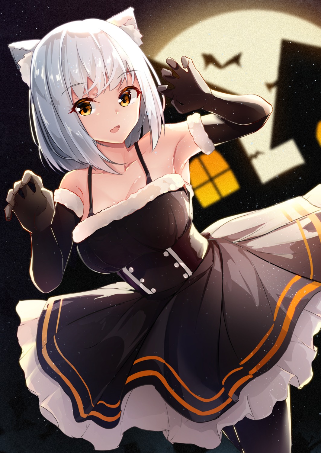 animal_ears cleavage cucchiore dress halloween nekomimi pantyhose skirt_lift