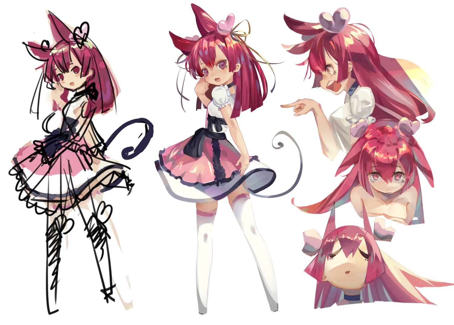 animal_ears breast_hold enamisachi sketch skirt_lift tail thighhighs topless