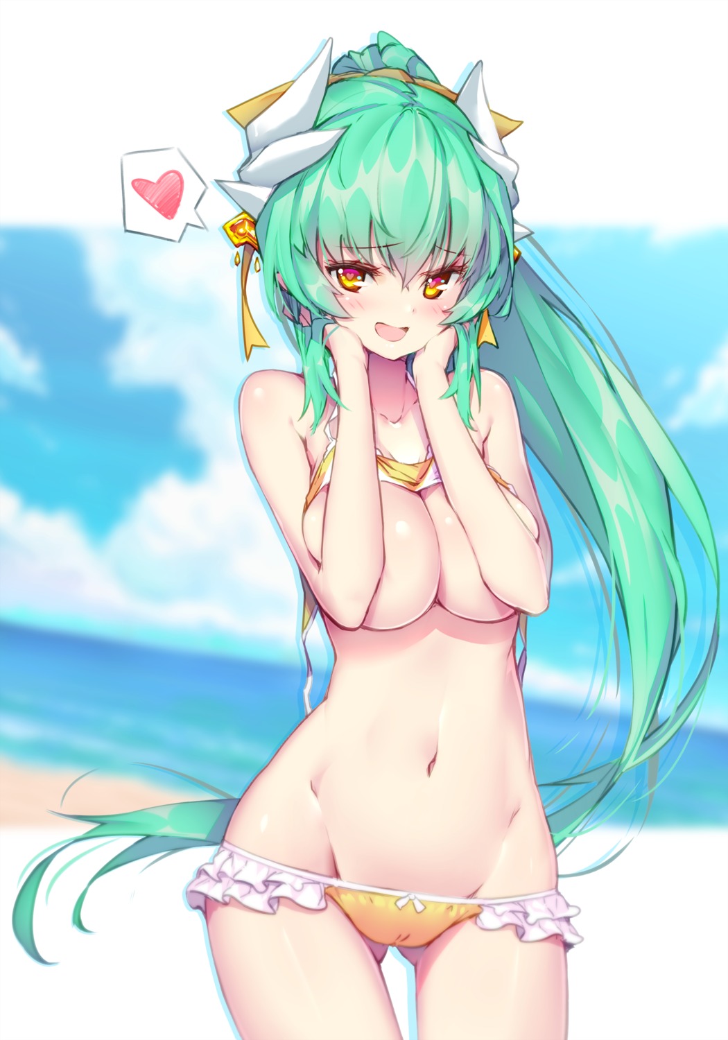 bikini breast_hold breasts cameltoe fate/grand_order hong_(white_spider) horns kiyohime_(fate/grand_order) panty_pull shirt_lift swimsuits