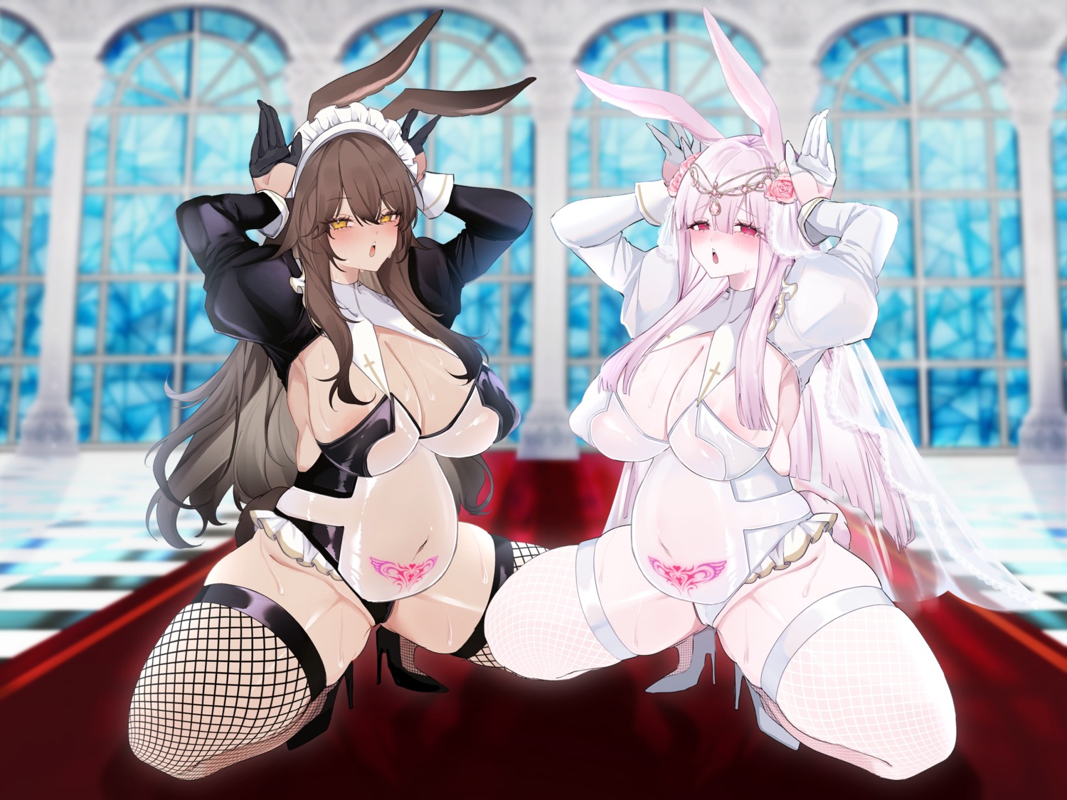 animal_ears anoyo_(anoyode0) areola bunny_ears bunny_girl fishnets heels maid no_bra pregnant see_through tail tattoo thighhighs wet