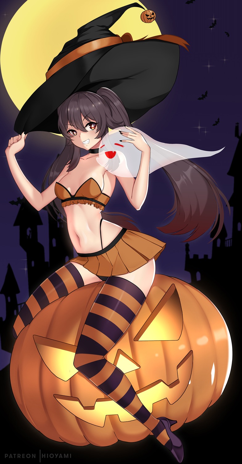 genshin_impact halloween heels hioyami hu_tao no_bra pantsu skirt_lift thighhighs witch