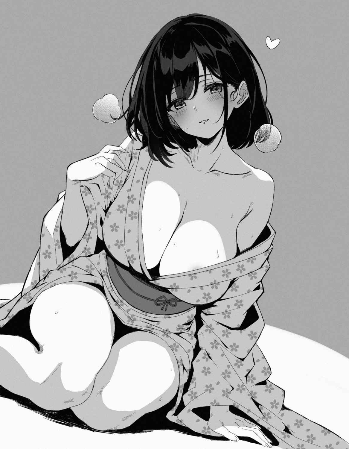 areola monochrome no_bra open_shirt skirt_lift tagme yukata