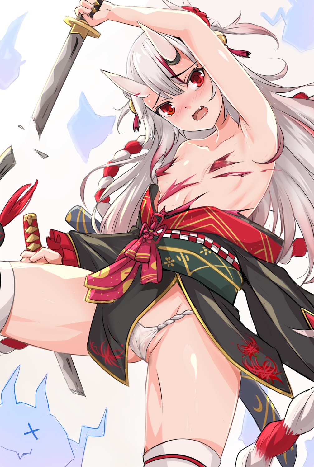 areola cameltoe erect_nipples fundoshi hololive horns japanese_clothes nakiri_ayame no_bra nonoririn sword thighhighs torn_clothes wardrobe_malfunction