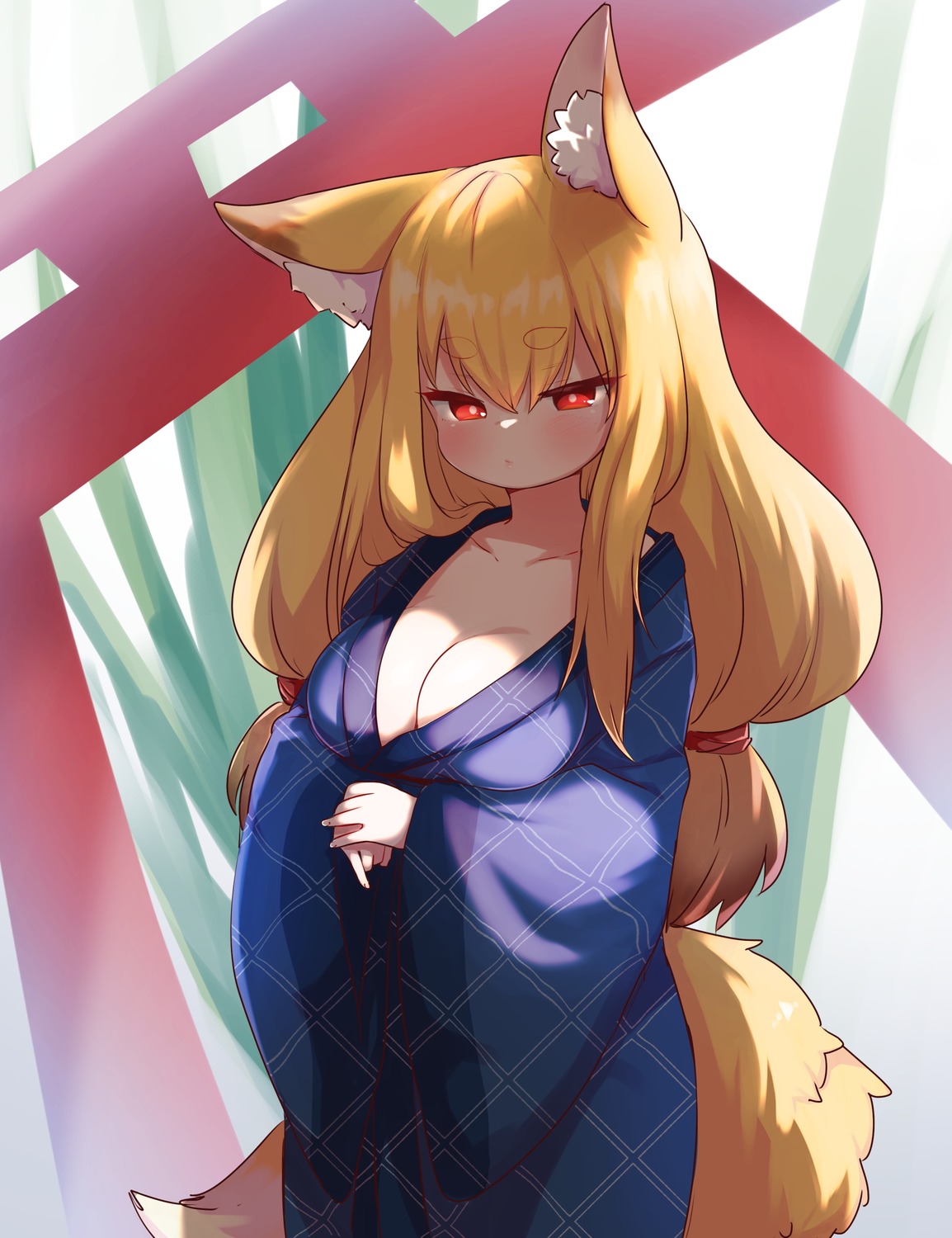 animal_ears cleavage kimono kitsune no_bra open_shirt tagme tail