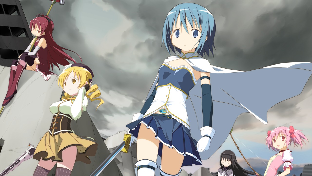 akemi_homura gun kaname_madoka miki_sayaka moritan puella_magi_madoka_magica sakura_kyouko sword thighhighs tomoe_mami