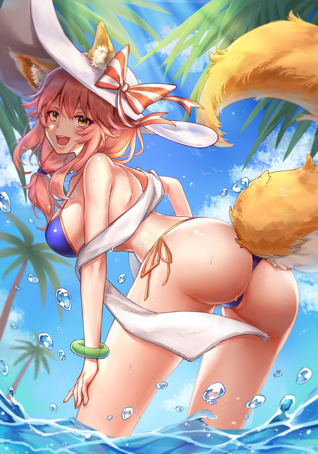 animal_ears ass bikini fate/grand_order kitsune swimsuits tail tamamo_no_mae thong tokikouhime wet