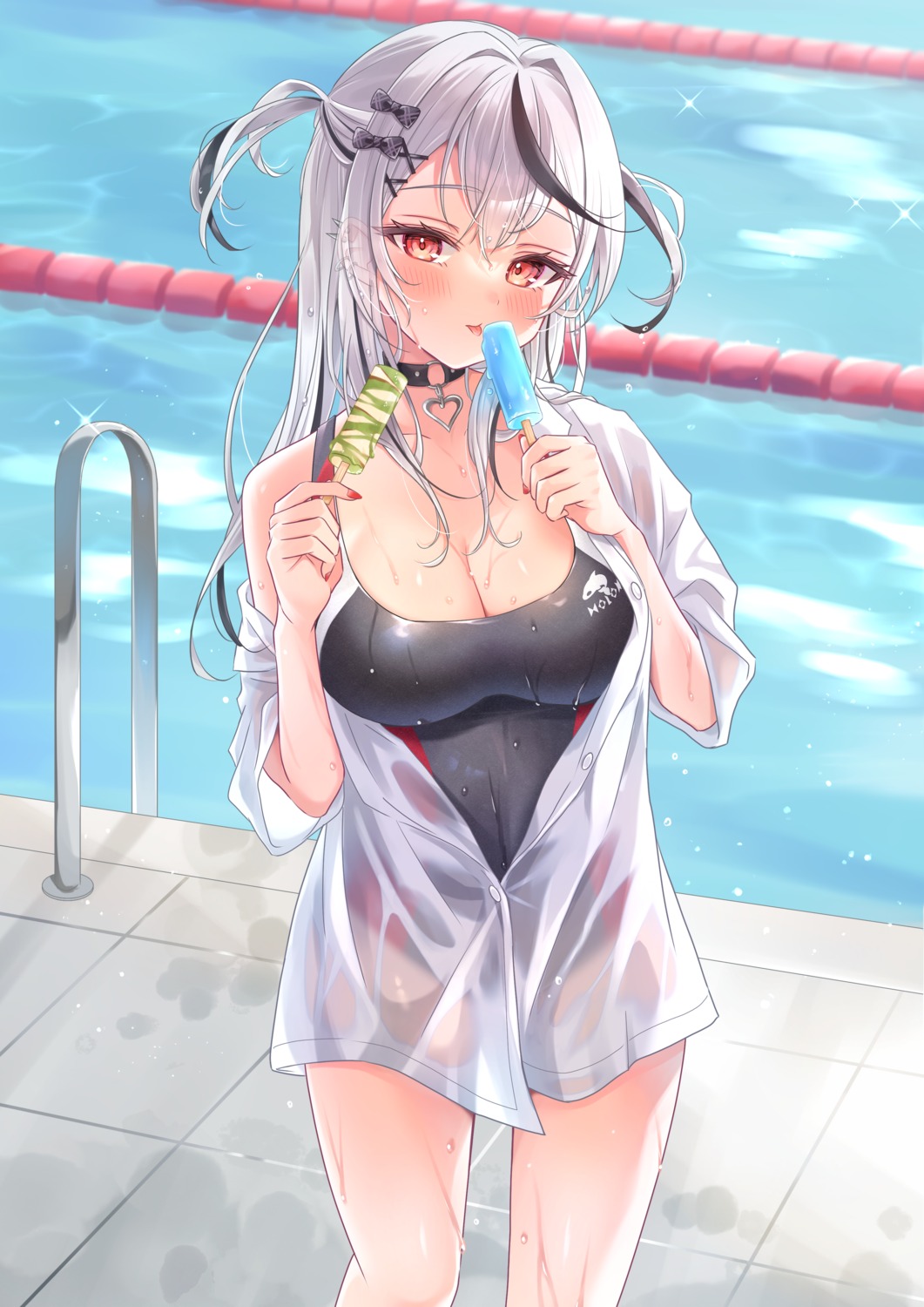 dress_shirt hololive null_illust sakamata_chloe see_through swimsuits wet_clothes