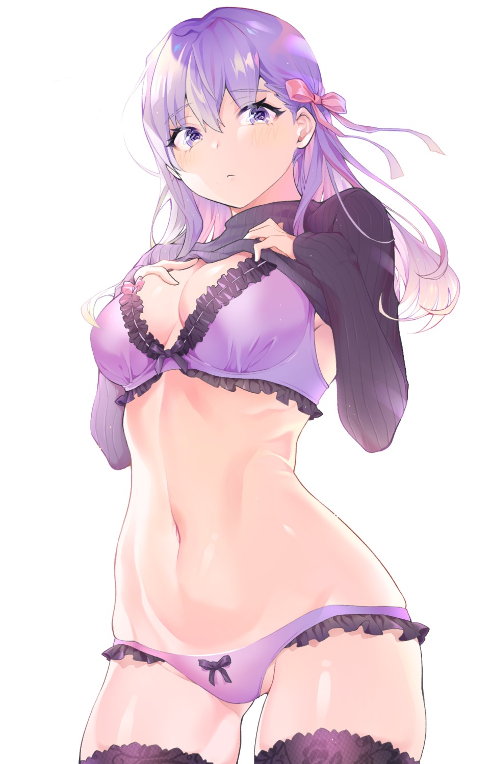 bra cleavage cpqm fate/stay_night matou_sakura pantsu shirt_lift sweater thighhighs