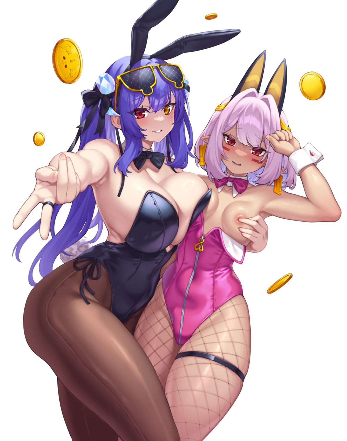 animal_ears breast_grab bunny_ears bunny_girl elomil fishnets garter heterochromia no_bra pantyhose ruthenium77's_character yuri