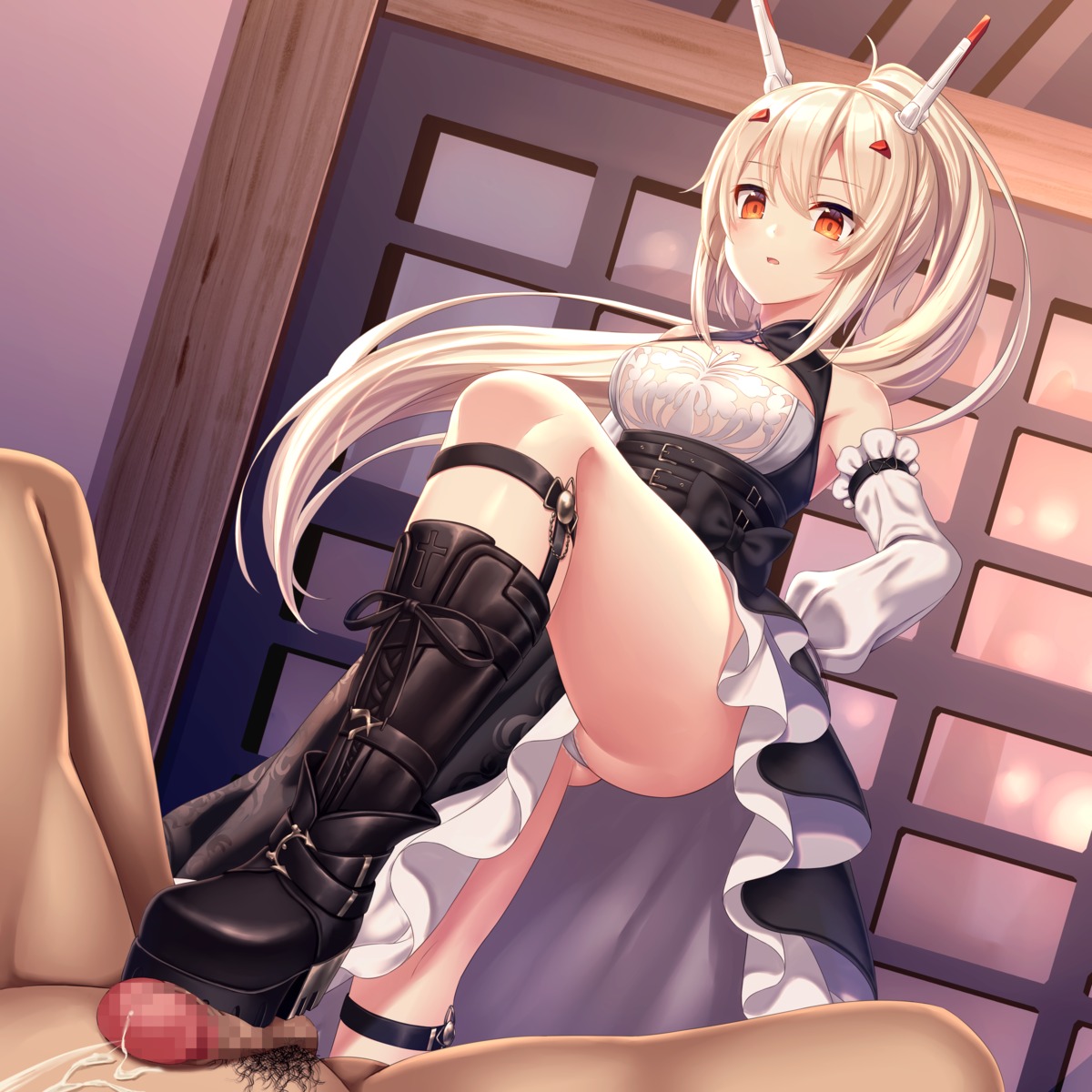 asisuki ayanami_(azur_lane) azur_lane censored cum footjob no_bra pantsu penis see_through skirt_lift thong