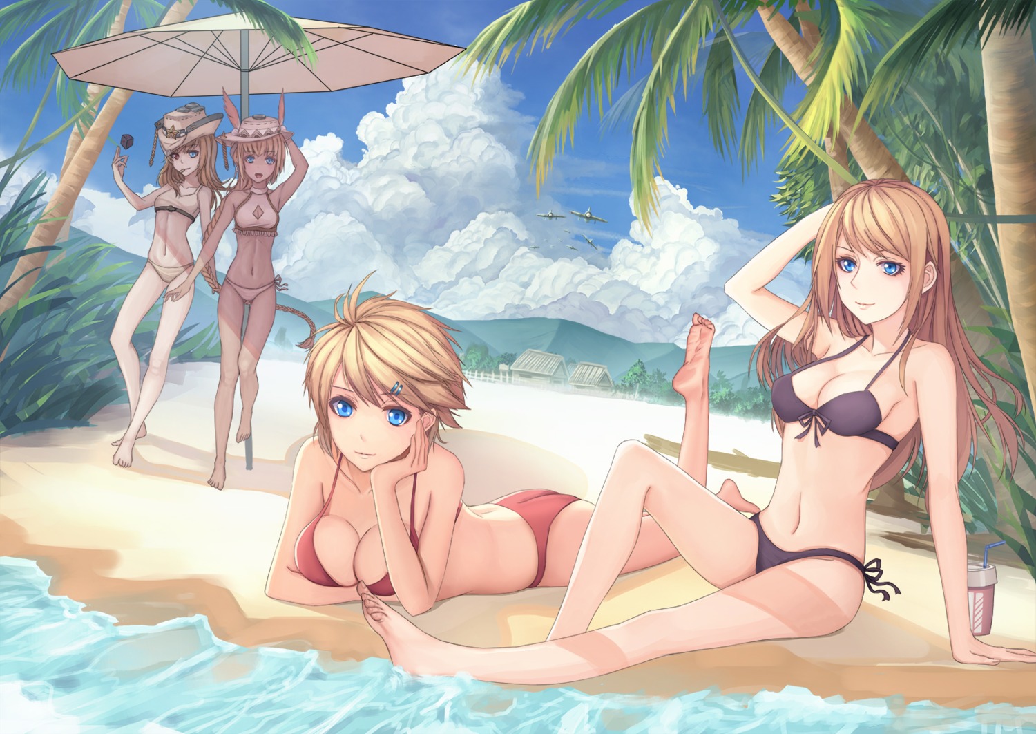 bikini california_(zhanjianshaonv) cat_on_moon cleavage heterochromia nevada_(zhanjianshaonv) oklahoma_(zhanjianshaonv) swimsuits tennesee_(zhanjianshaonv) wet zhanjianshaonv