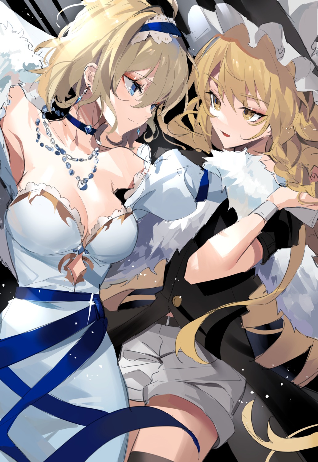 alice_margatroid cleavage dress kirisame_marisa meng_ziya no_bra thighhighs touhou witch