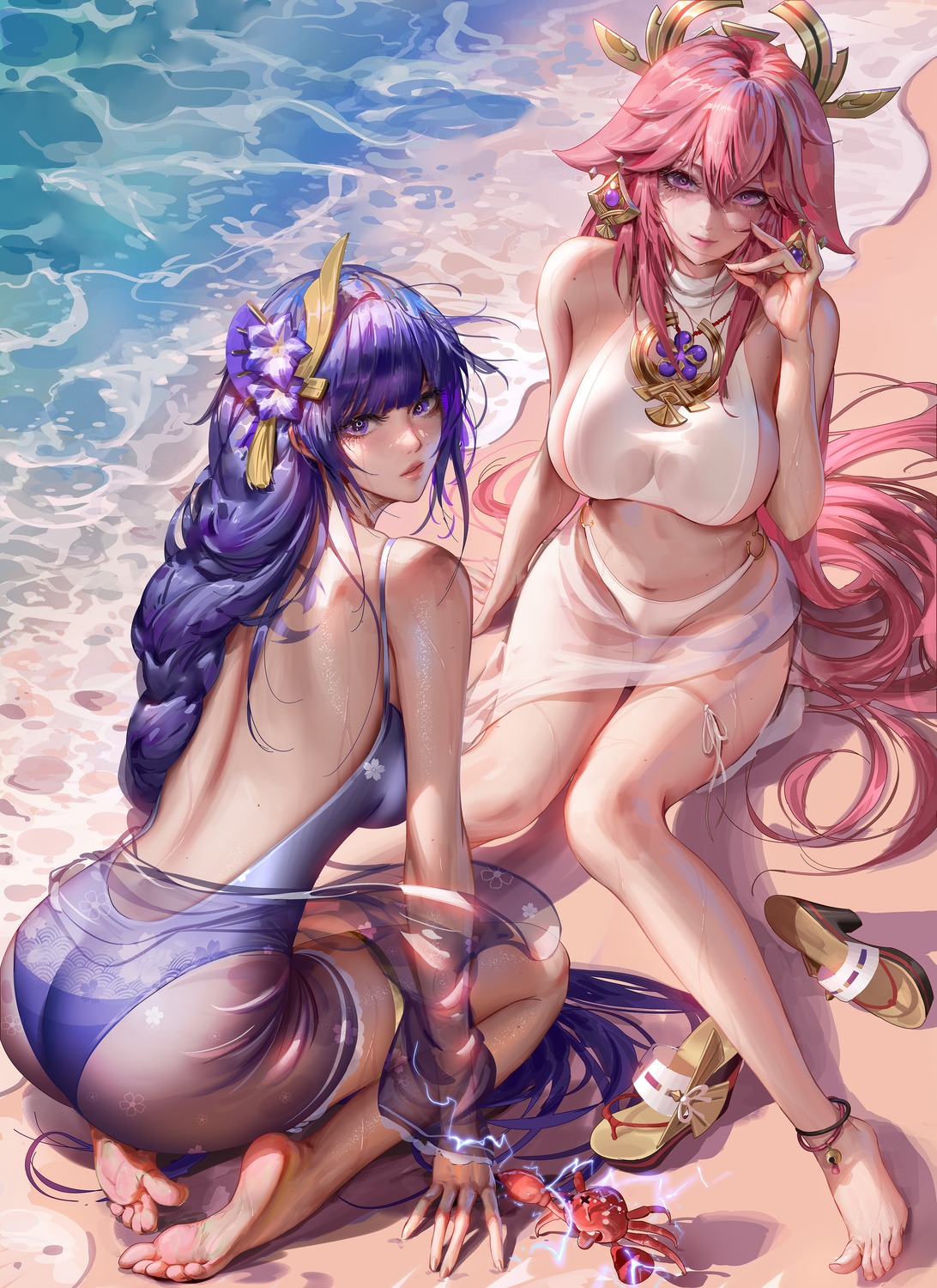 animal_ears ass bikini garter genshin_impact kitsune liang_xing raiden_shogun see_through swimsuits yae_miko