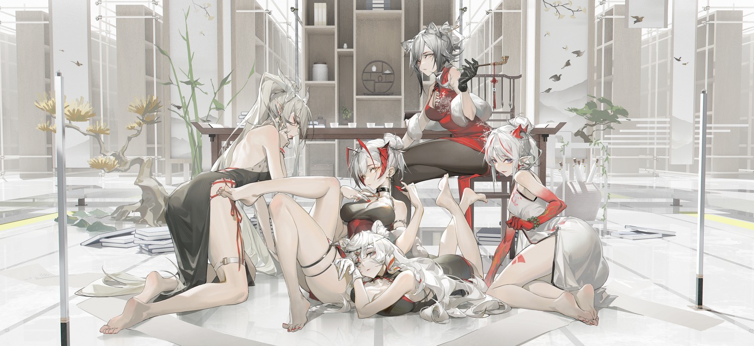 alov animal_ears arknights ass chinadress feet garter horns nian_(arknights) no_bra pantyhose pointy_ears pramanix_(arknights) schwarz_(arknights) see_through shining_(arknights) skirt_lift tail w_(arknights)