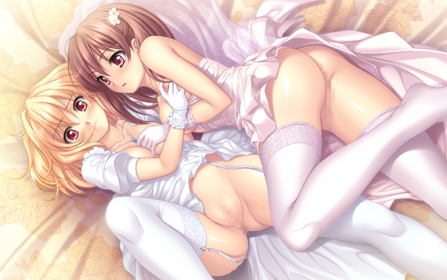 ass breast_grab breasts censored dress game_cg nopan open_shirt pero prismatic_princess_unison_stars pussy pussy_juice stockings thighhighs unisonshift wedding_dress yuri