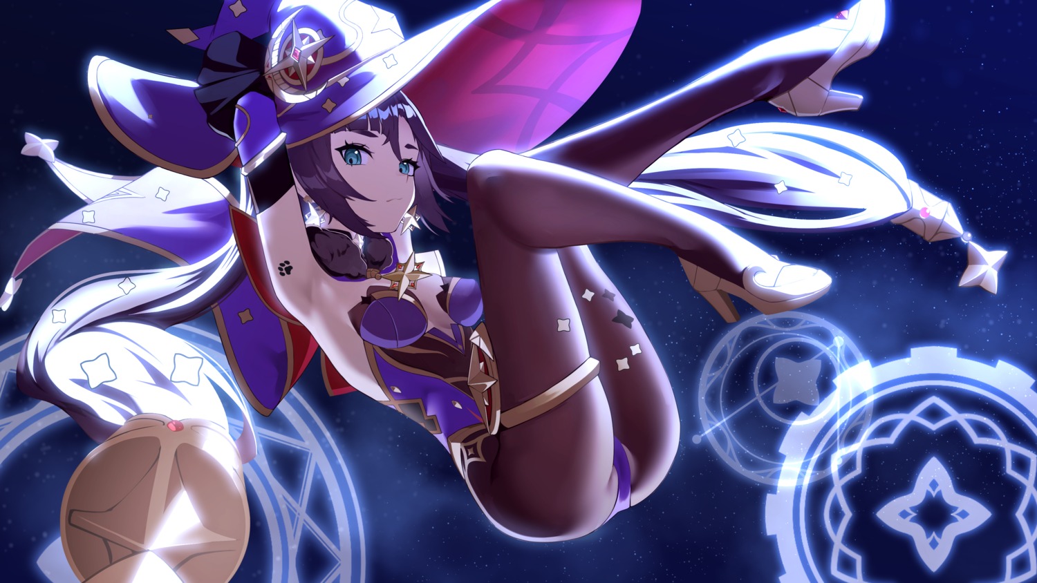 cameltoe ett garter genshin_impact heels leotard mona_megistus no_bra pantyhose tattoo wallpaper witch