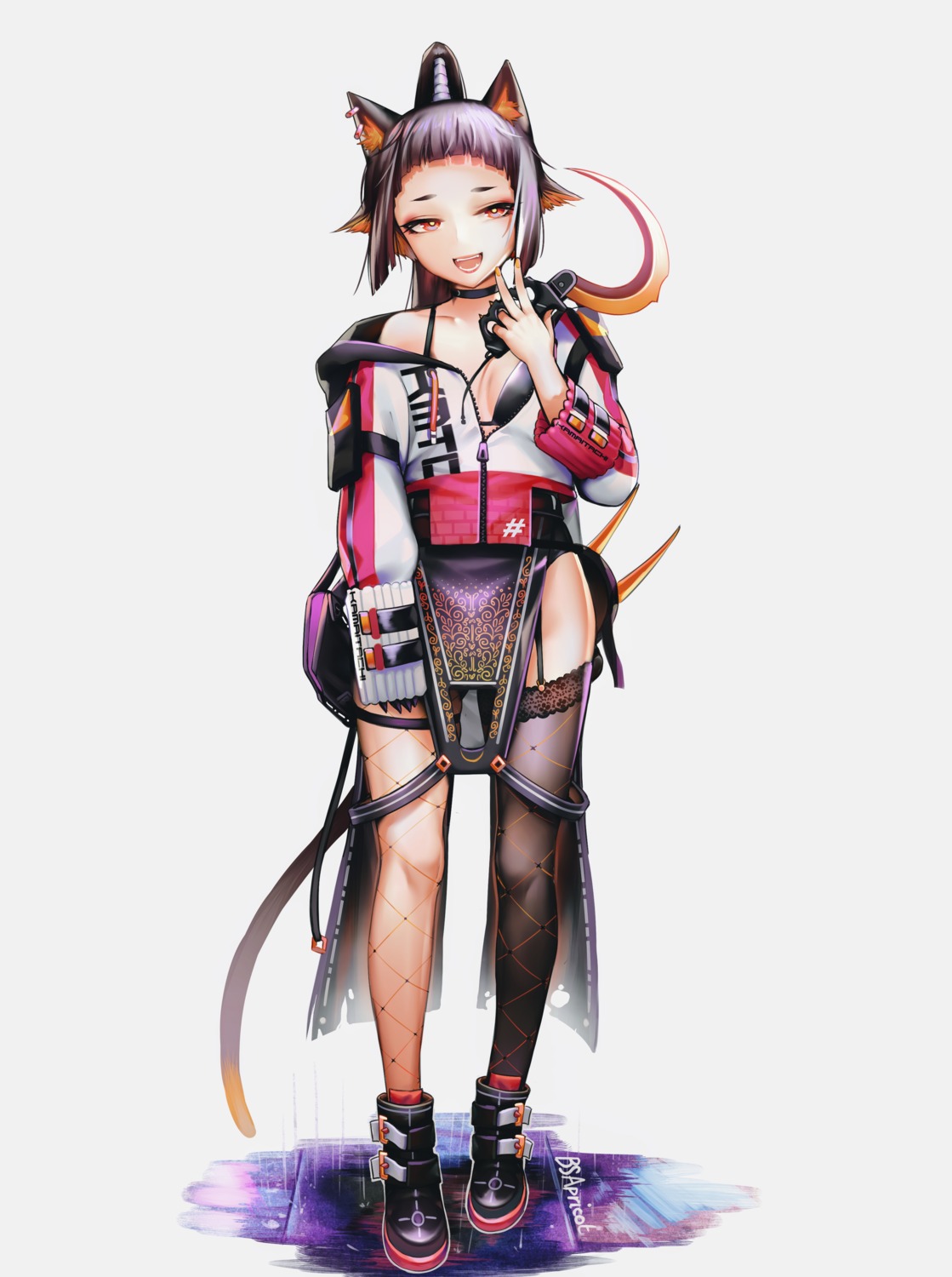 animal_ears bra bsapricot fishnets garter open_shirt stockings tail thighhighs weapon