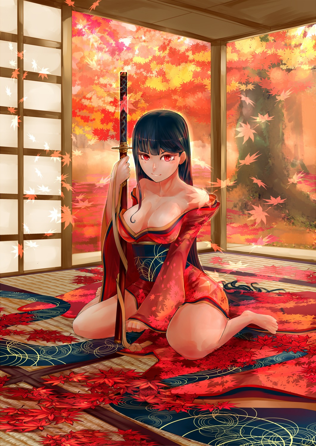 cleavage kimono no_bra open_shirt sword tenpalion