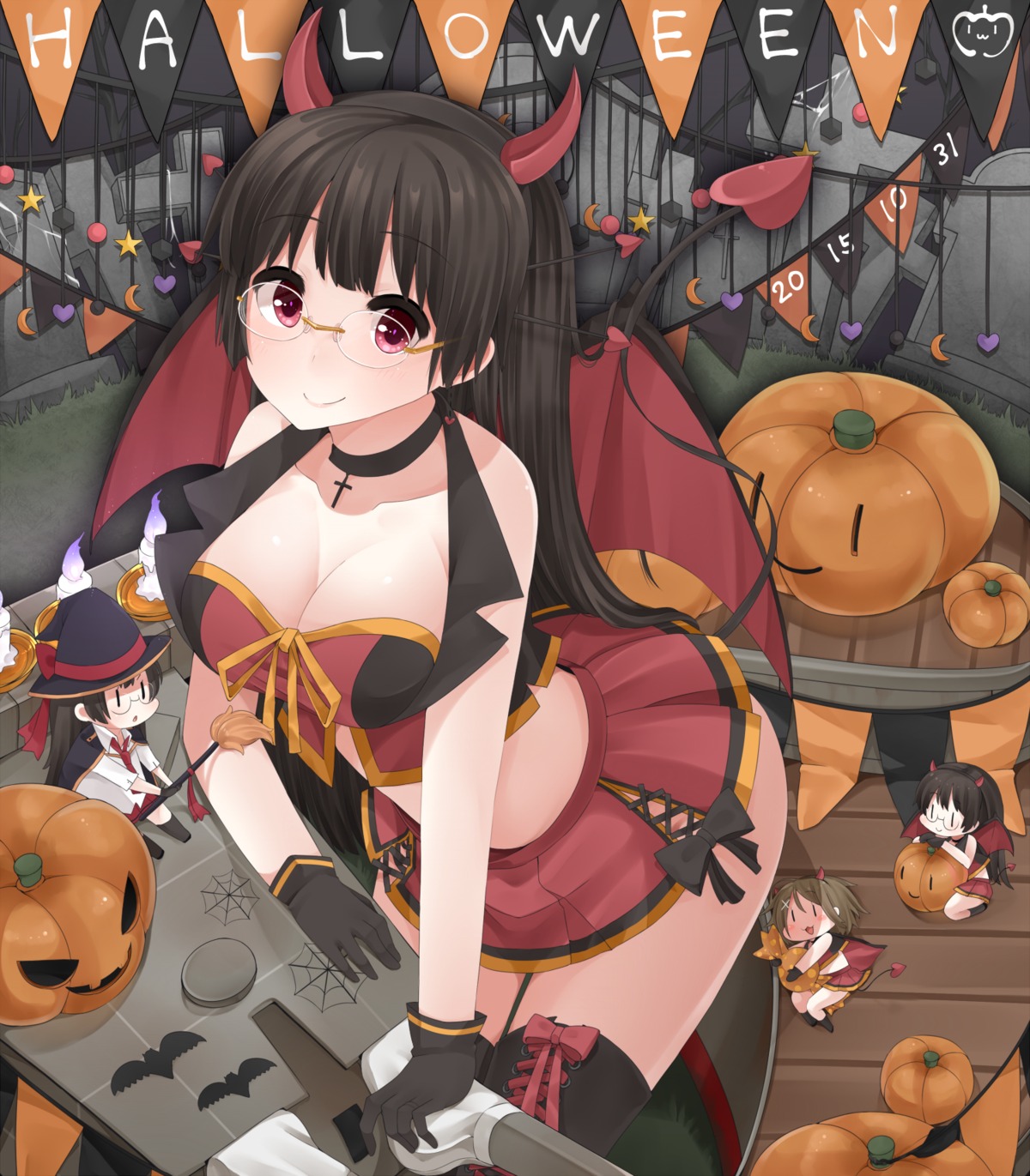 chibi choukai_(kancolle) cleavage halloween horns kantai_collection megane tail thighhighs witch yukichi_(sukiyaki39)