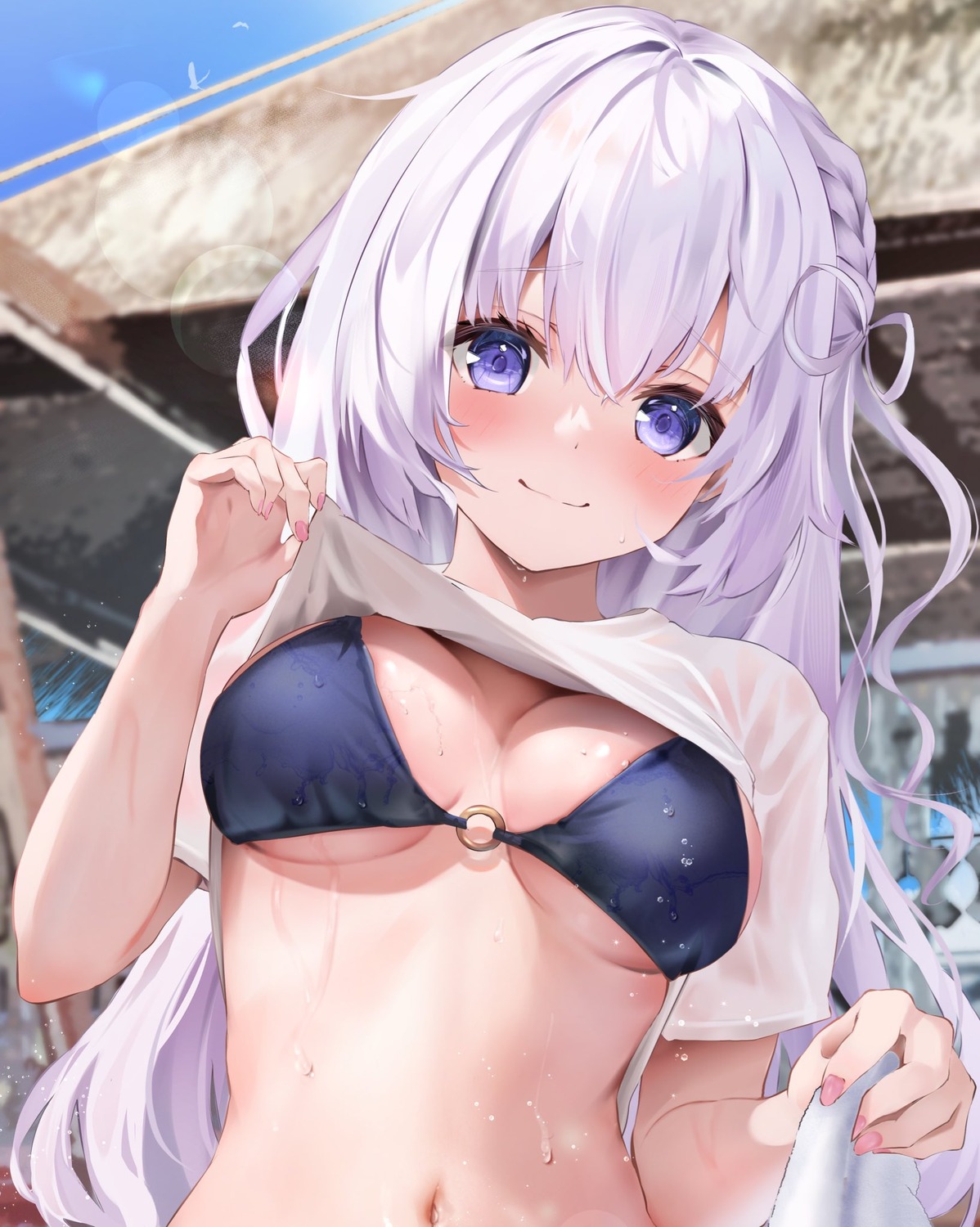 bikini_top mare_ch. nightmare_(mare_ch.) see_through shirt_lift swimsuits uechin_ewokaku undressing wet wet_clothes