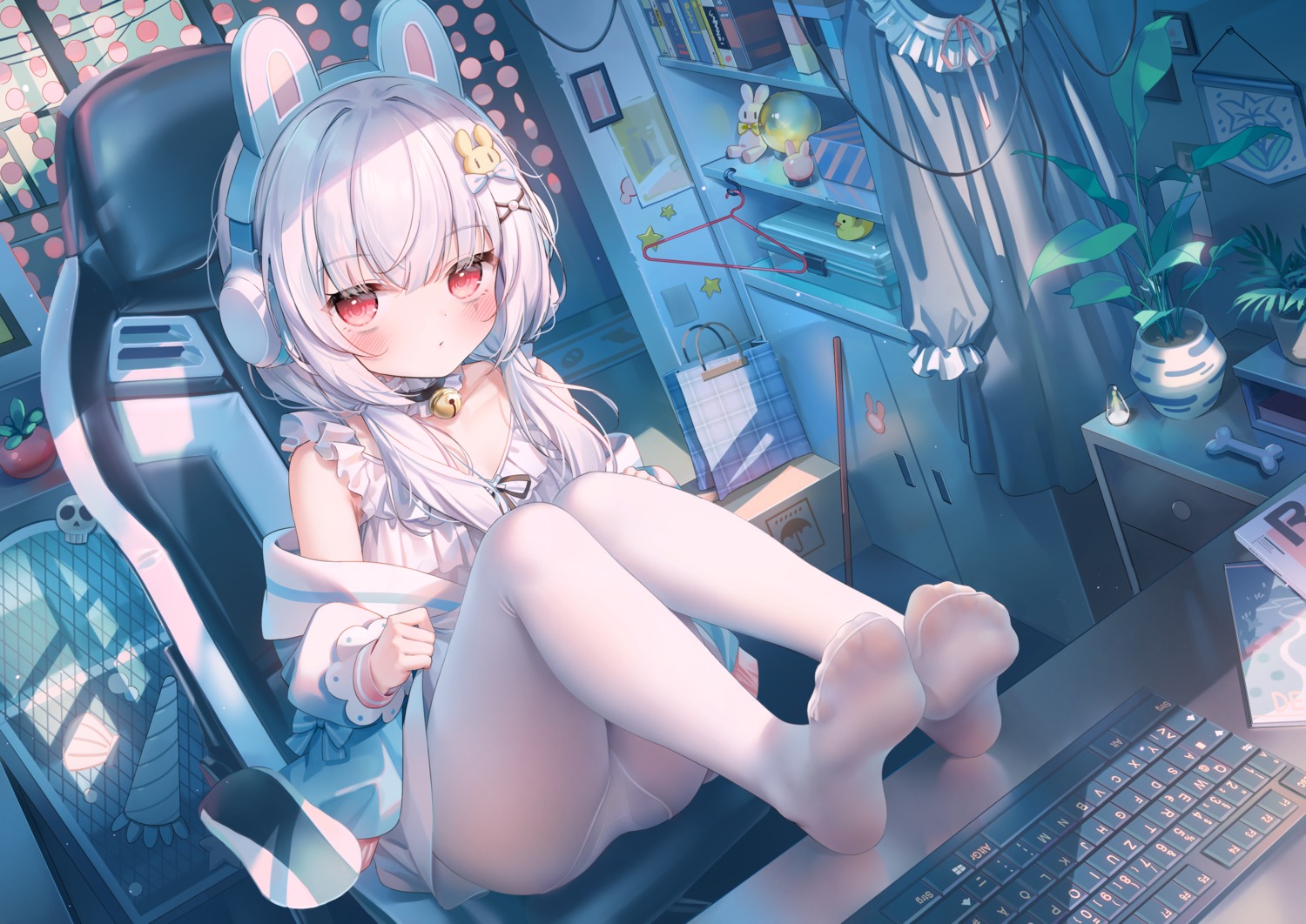 animal_ears bunny_ears chen_bin feet headphones loli pantsu pantyhose see_through skirt_lift thong