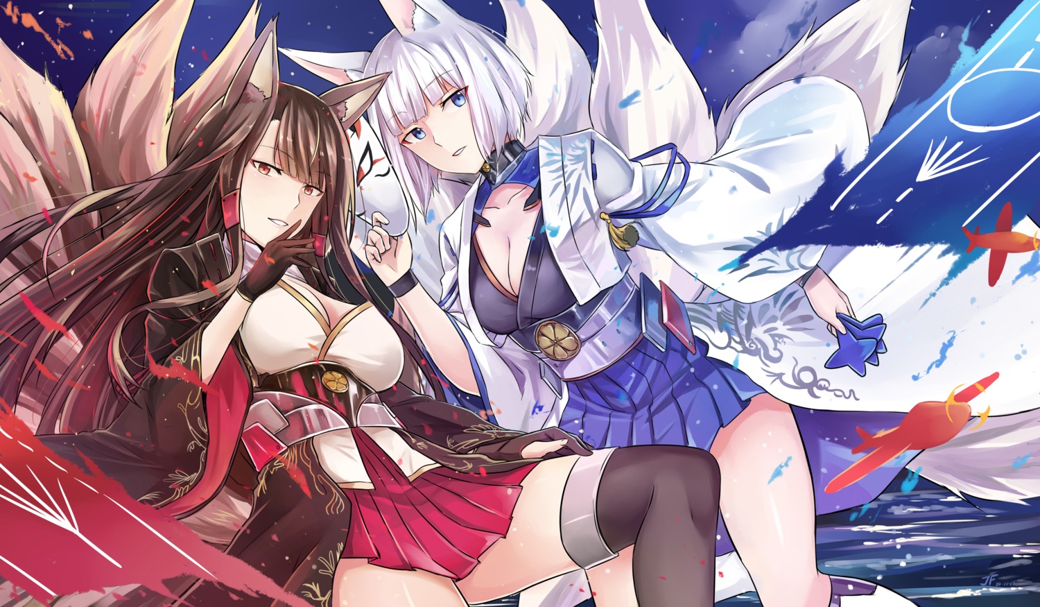 akagi_(azur_lane) animal_ears azur_lane cleavage jeffrey10 kaga_(azur_lane) thighhighs