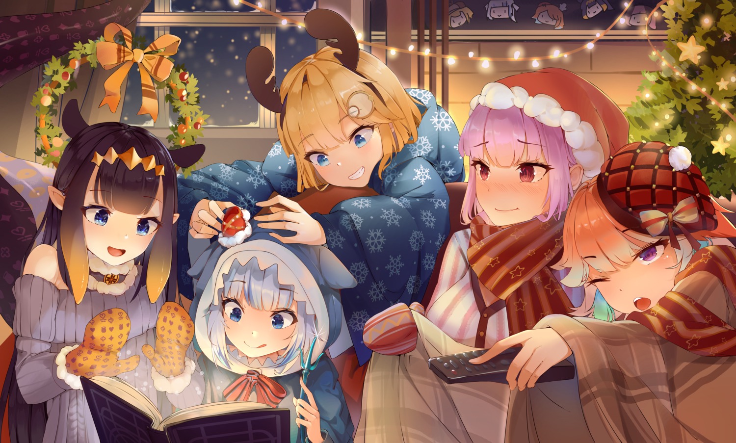 christmas gawr_gura hololive hololive_english horns mori_calliope ninomae_ina'nis pointy_ears sweater takanashi_kiara tentacles watson_amelia zhangaimao