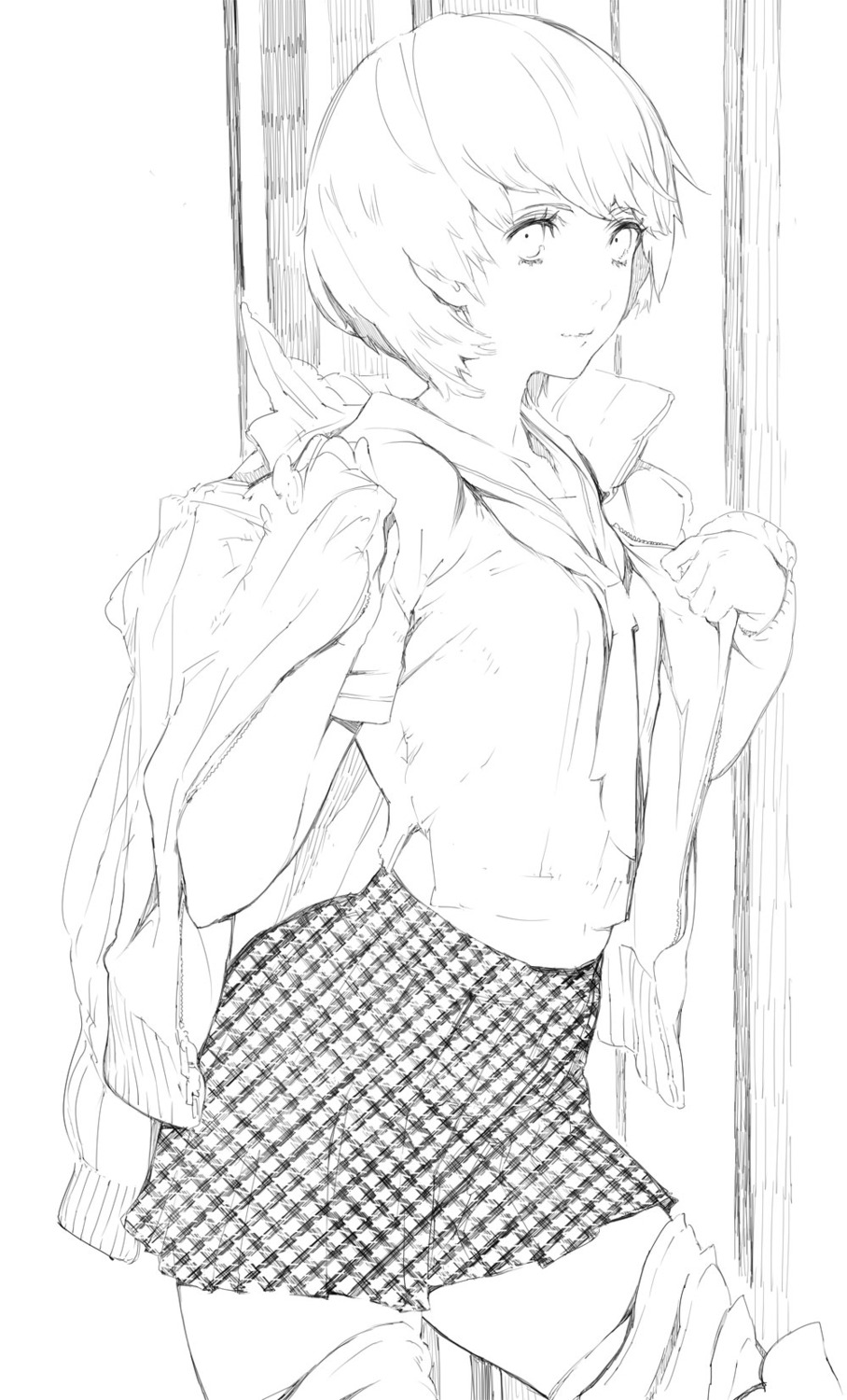 houden_eizou megaten monochrome persona persona_4 satonaka_chie seifuku undressing