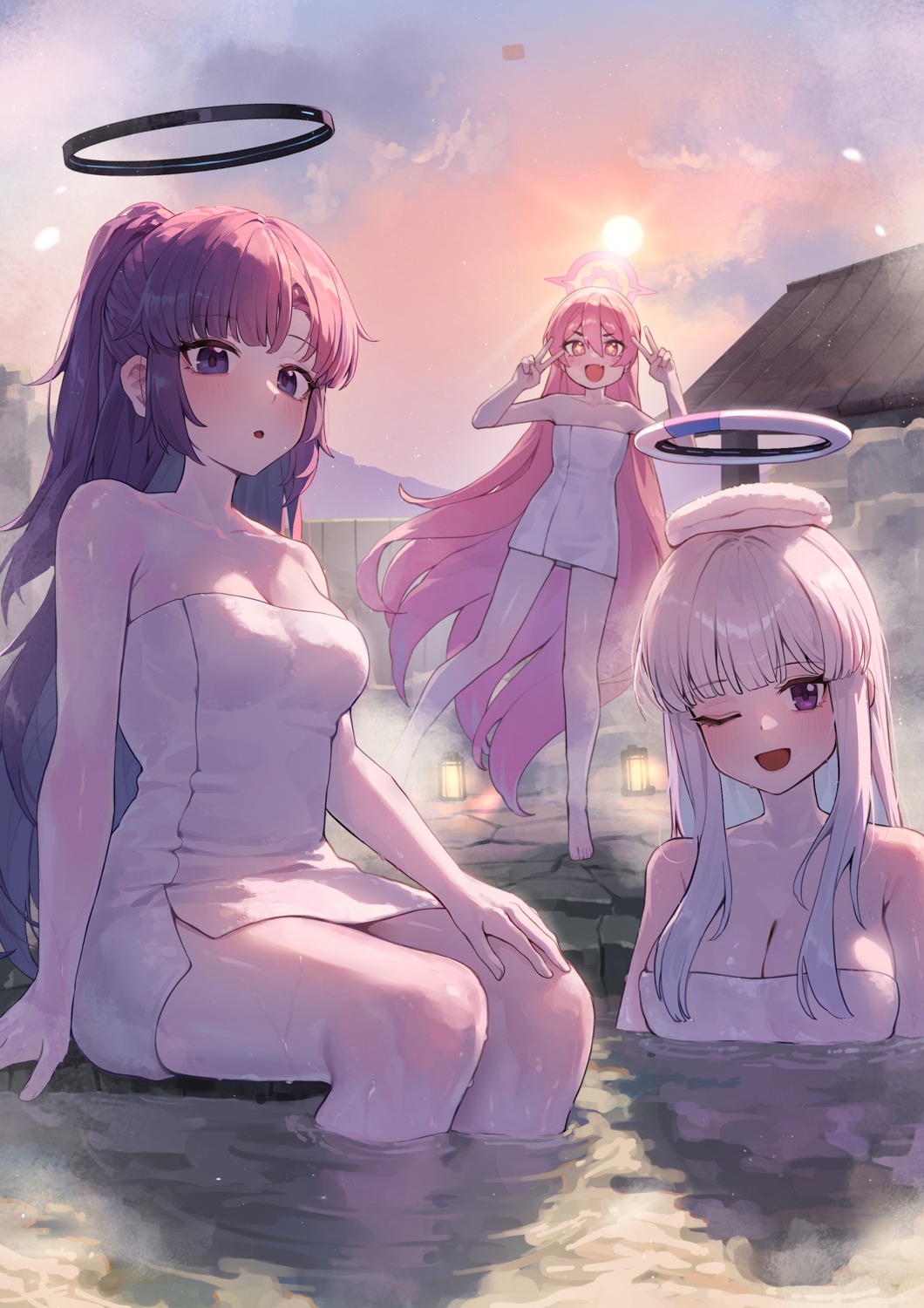 bathing blue_archive halo hayase_yuuka kokukyukeo kurosaki_koyuki loli onsen towel ushio_noa wet