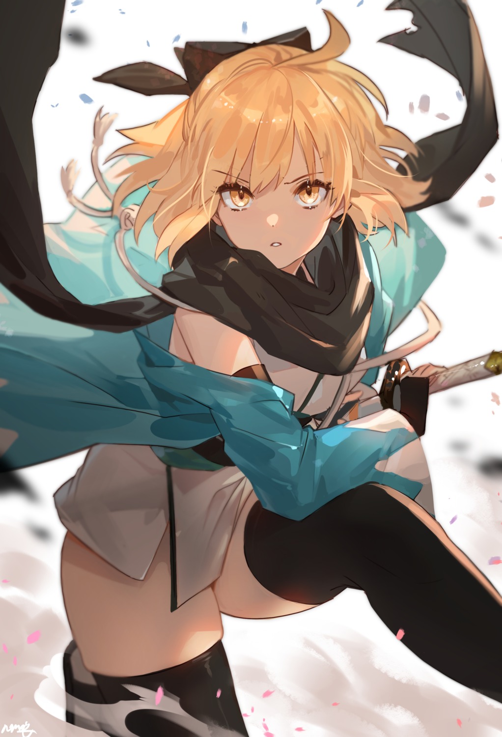 fate/grand_order japanese_clothes nima_(niru54) okita_souji_(fate) skirt_lift sword thighhighs